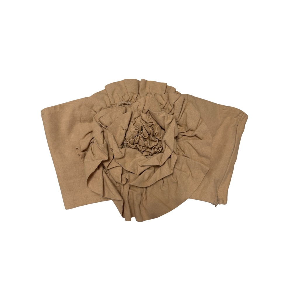Zara Linen Cotton Rosette Bandeau Crop Top Womens S Tan Strapless Floral 3D Tube